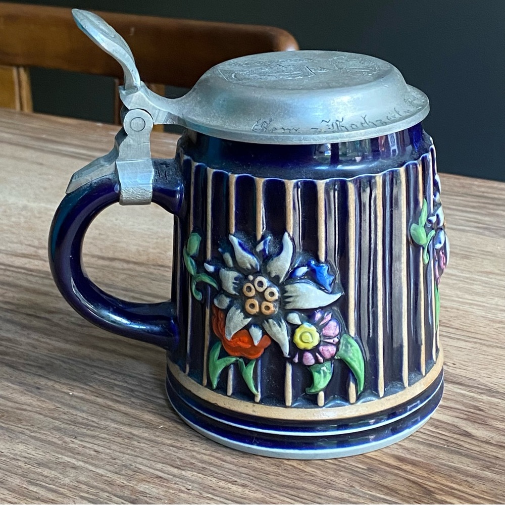 Vintage lidded German stein Bavarian pewter lid 1954 edelweiss